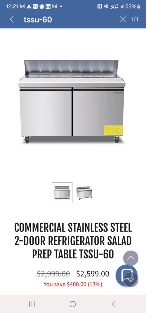 COMMERCIAL STAINLESS STEEL 2-DOOR REFRIGERATOR SALAD PREP TABLE TSSU-60 NIB