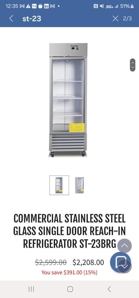 COMMERCIAL STAINLESS STEEL GLASS SINGLE DOOR REACH-IN REFRIGERATOR ST-23BRG NIB