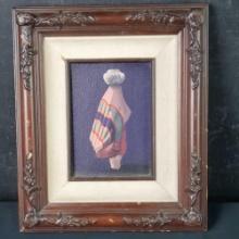 Framed artwork oil/canvas pottery on head person native american clothing