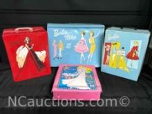 4 vintage Barbie doll cases with cloths
