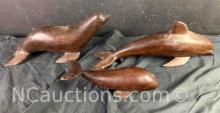 Set of 3 Wooden Dolphin Walrus Porpoise