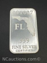 1 Troy Oz .999 Fine Silver Florida Bullion Bar