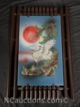 Framed reverse glass Japanese Crane Art