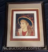Framed Portrait of a Young Girl in a blue hat print says Renoir