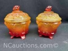 2 Vintage Jeannette Harvest Grapes Amberina Carnival Glass Footed Covered Candy