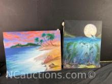 Original Conchas on the Beach Full Moon Orca Great White 3 mermaids Clay board says Robert Gray