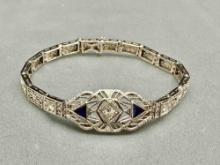 14k White Gold Plated Diamond and Blue Sapphire Bracelet 7.6g total
