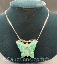 Sterling Silver Jade Butterfly Necklace 12.54 Grams