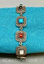 925 Sterling Silver Bracelet w/ Turquoise, Coral more stones 20g