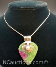 Sterling Silver Jasper Pendant Necklace 11.98 Grams