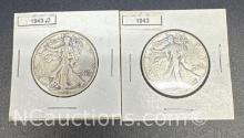 2 1943 Walking Liberty 90% Silver Half Dollars 29 Grams