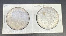 2 1921 Morgan Silver Dollars 90% Silver Coins 56 Grams
