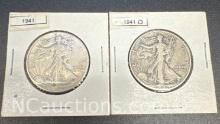 2 1941 Walking Liberty 90% Silver Half Dollars 29 Grams