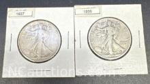 1937 And 1935 Walking Liberty 90% Silver Half Dollars 29 Grams