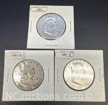 3 1951 Franklin 90% Silver Half Dollars 44 Grams