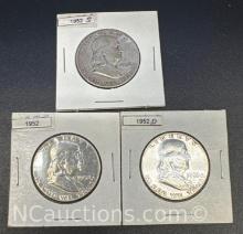 3 1952 Franklin 90% Silver Half Dollars 44 Grams