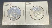 2 1954 Franklin 90% Silver Half Dollars 30 Grams