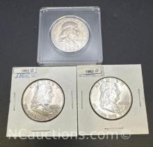 3 1962 Franklin 90% Silver Half Dollar Coins