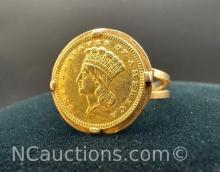 1868 Indian Princess Type 3 Gold Dollar 14kt Gold Ring 5.77 Grams Size 9