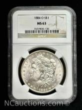 1884 Morgan 90% Silver Dollar NGC S$1 MS 63 65g total