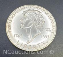 1993 Thomas Jefferson 250th Anniversary 90% Silver Dollar Coin With COA 26. Grams