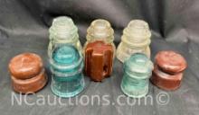 8 Hemingray Glass Power Insulators Blue Glass Brown Clear