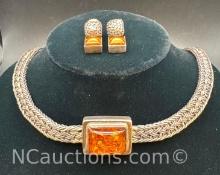 Sterling Silver Amber Necklace and Earring Set 83. Grams