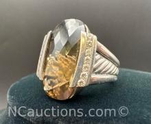 Sterling Silver Smoky Quartz Diamond Ring 15. Grams Size 5.5