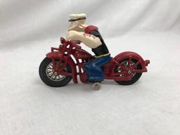 Vintage Cast Iron Hubley Popeye on Motorcycle Toy