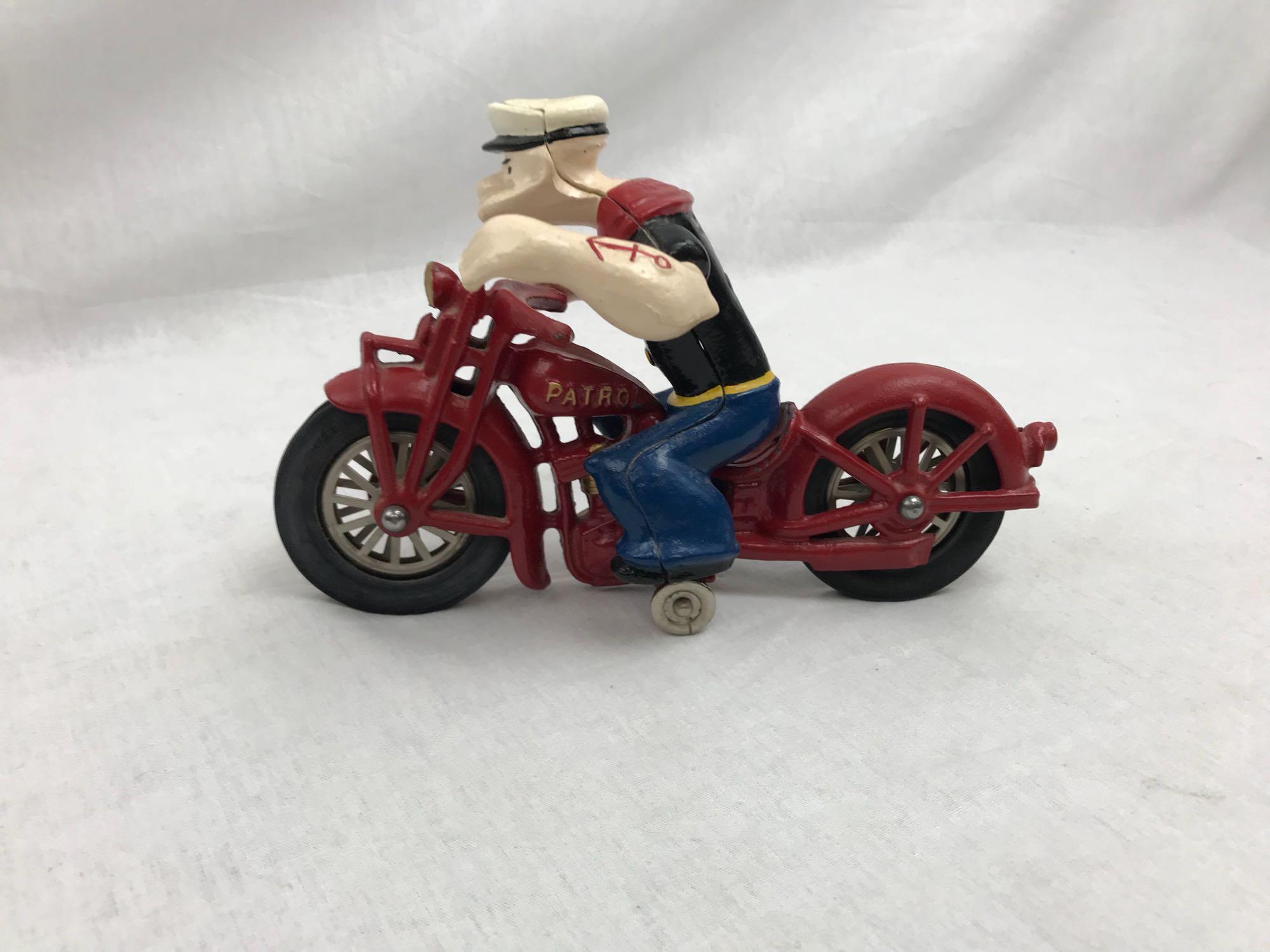 Vintage Cast Iron Hubley Popeye on Motorcycle Toy