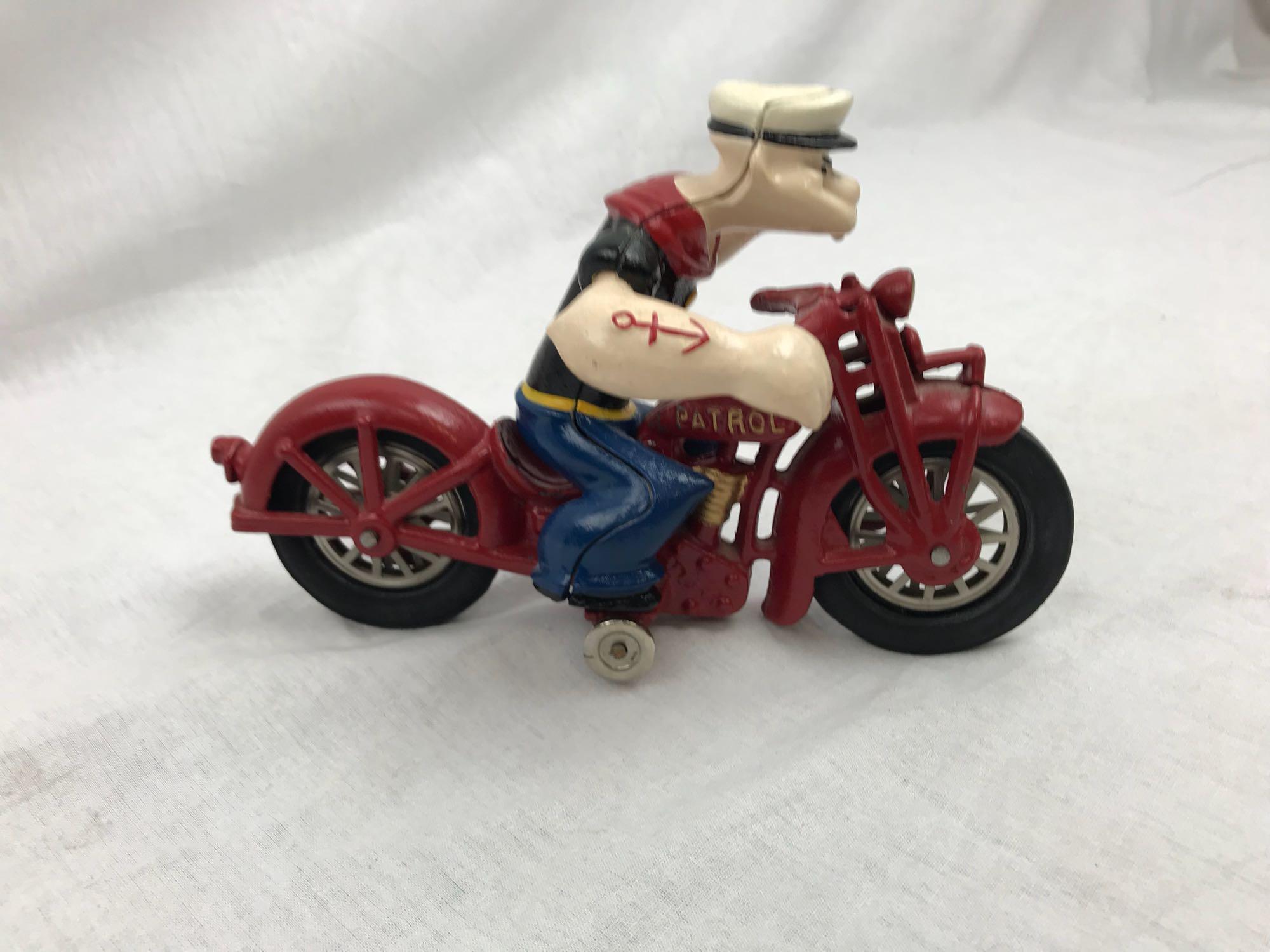 Vintage Cast Iron Hubley Popeye on Motorcycle Toy