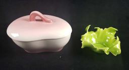 Pink Porcelain Lidded Bowl and Porcelain Lettuce Leaf Candle Holder