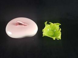 Pink Porcelain Lidded Bowl and Porcelain Lettuce Leaf Candle Holder