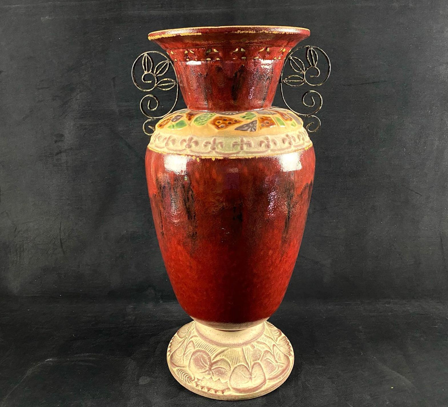 Large Hand Painted Stone Pattern Burgundy Handled Ceramic Vase