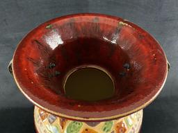 Large Hand Painted Stone Pattern Burgundy Handled Ceramic Vase