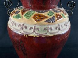 Large Hand Painted Stone Pattern Burgundy Handled Ceramic Vase