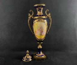 Vintage Hand Painted Porcelain Signed French Sevres Lidded Vase / Urn in 18th Century Style (W3)