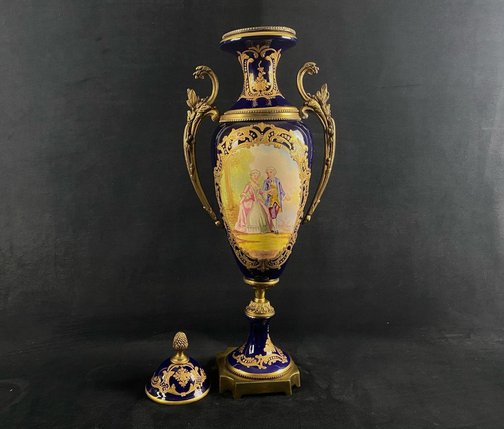 Vintage Hand Painted Porcelain Signed French Sevres Lidded Vase / Urn in 18th Century Style (W3)