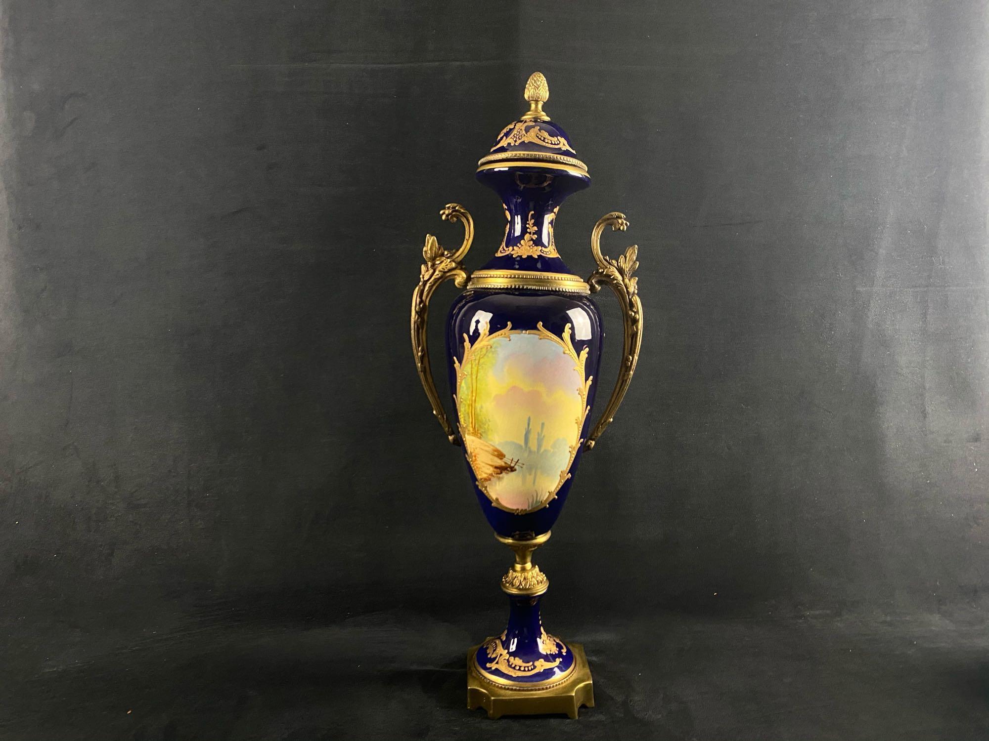 Vintage Hand Painted Porcelain Signed French Sevres Lidded Vase / Urn in 18th Century Style (W3)