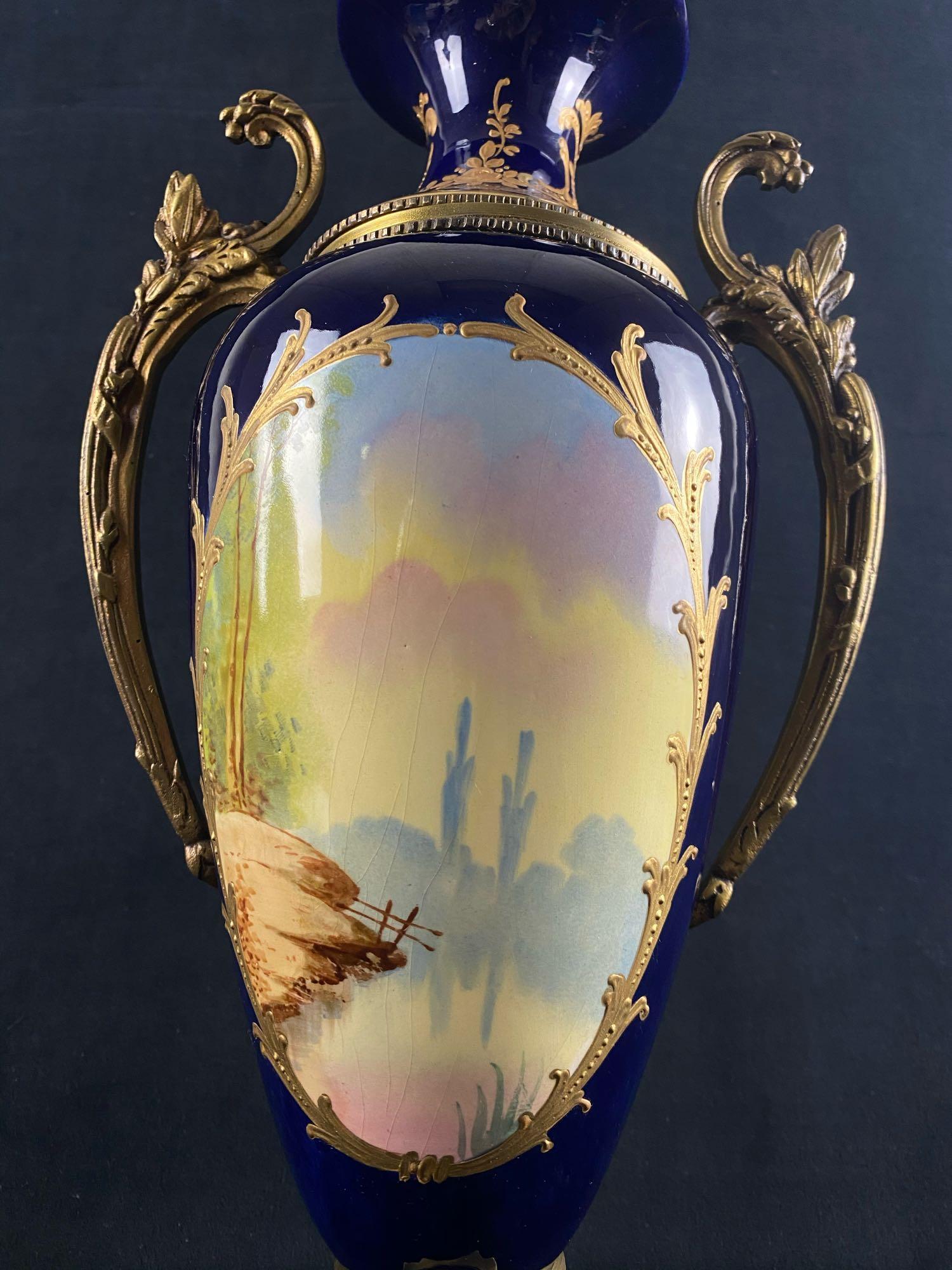 Vintage Hand Painted Porcelain Signed French Sevres Lidded Vase / Urn in 18th Century Style (W3)