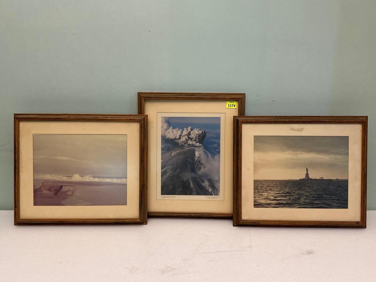 Framed Photographs of Statue of Liberty, The Ocean & Mt. St. Helens in Eruption