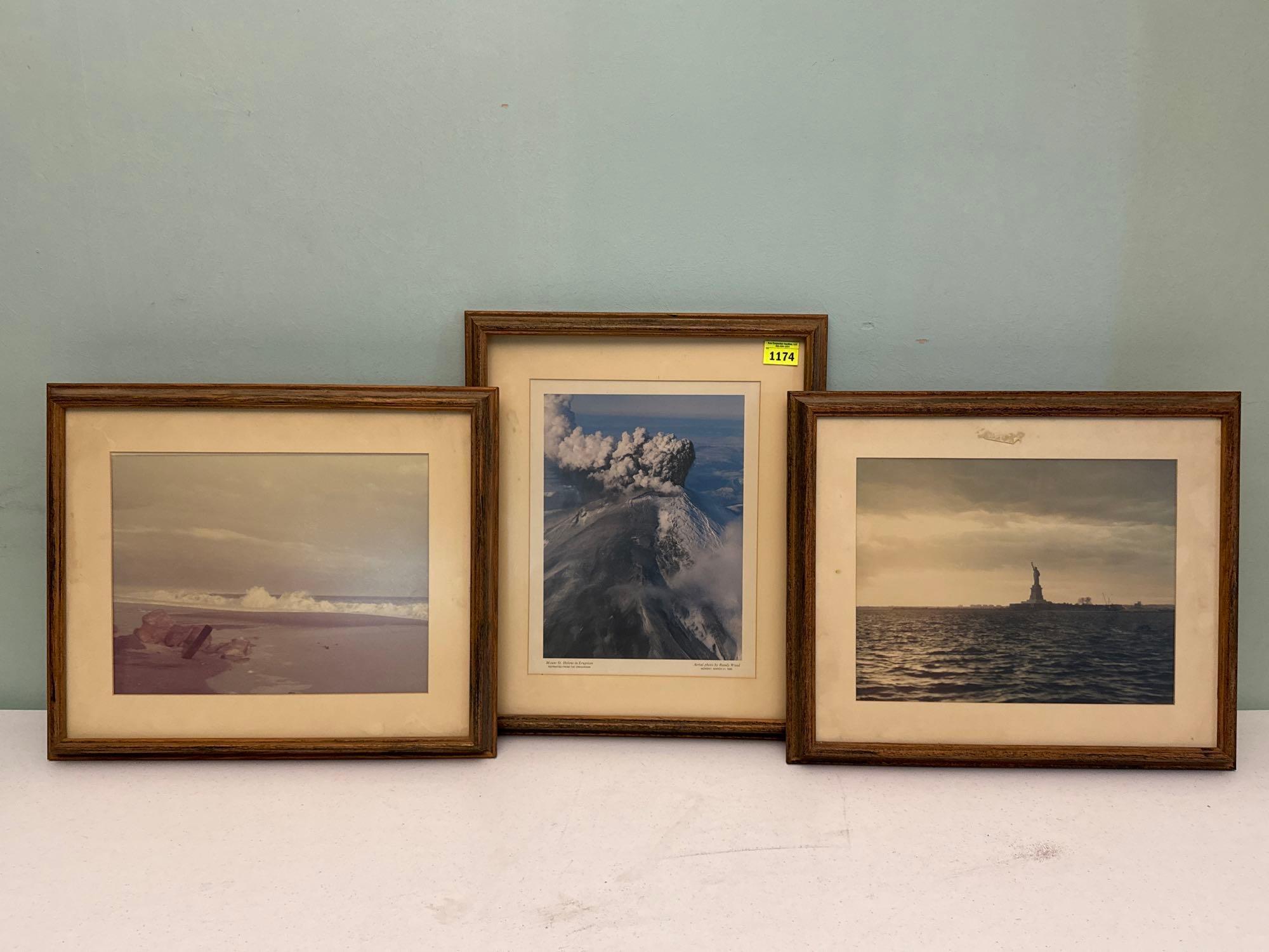 Framed Photographs of Statue of Liberty, The Ocean & Mt. St. Helens in Eruption