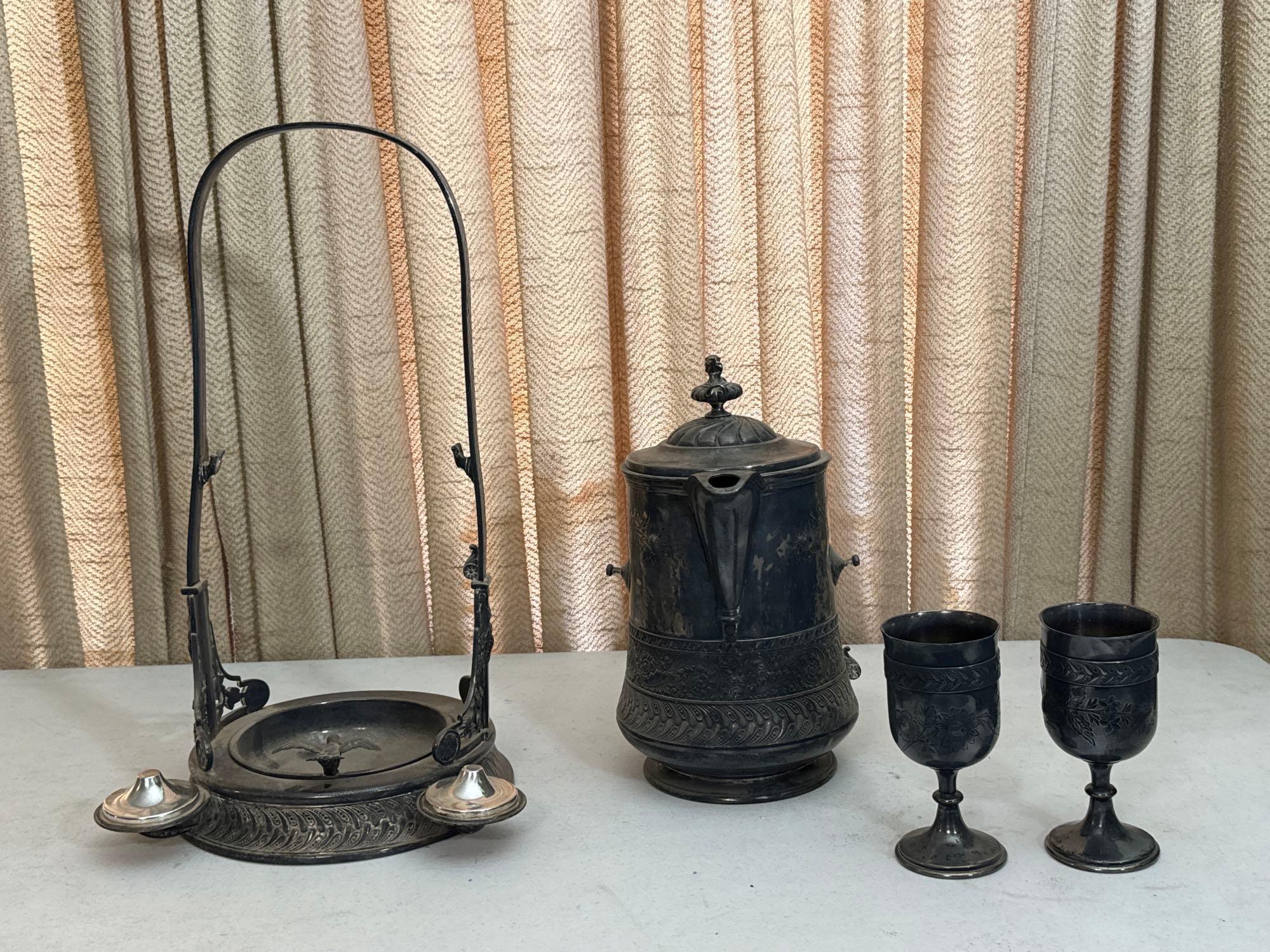 Rogers & Smith Silver Plate Beverage Dispenser & Goblets