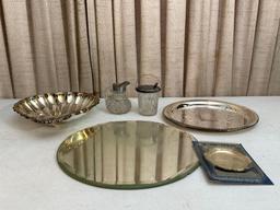 Silver Plate Platters, Sugar Bowl & Creamer & Beveled Round Mirror