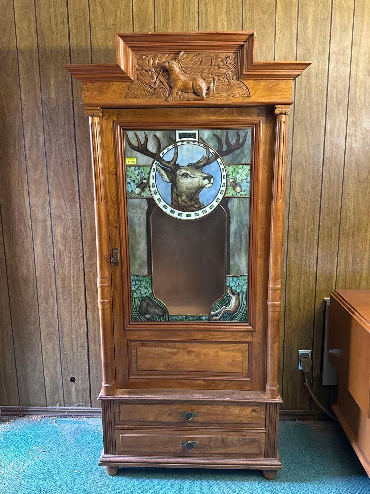 Vintage Carved Wood Stained Glass Stag Gun Cabinet