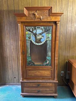 Vintage Carved Wood Stained Glass Stag Gun Cabinet