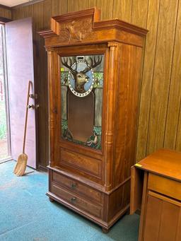 Vintage Carved Wood Stained Glass Stag Gun Cabinet