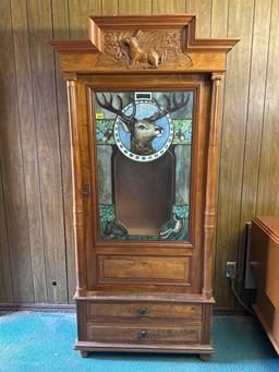 Vintage Carved Wood Stained Glass Stag Gun Cabinet