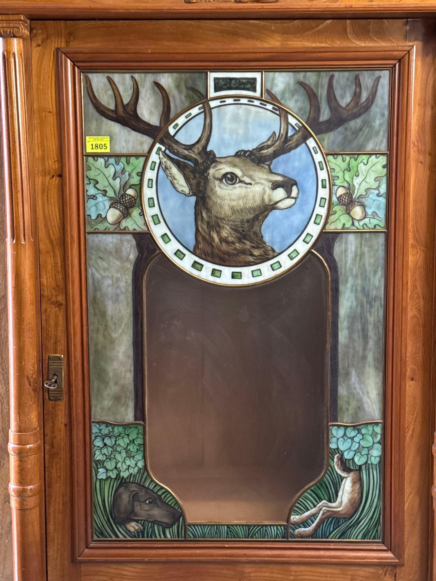 Vintage Carved Wood Stained Glass Stag Gun Cabinet