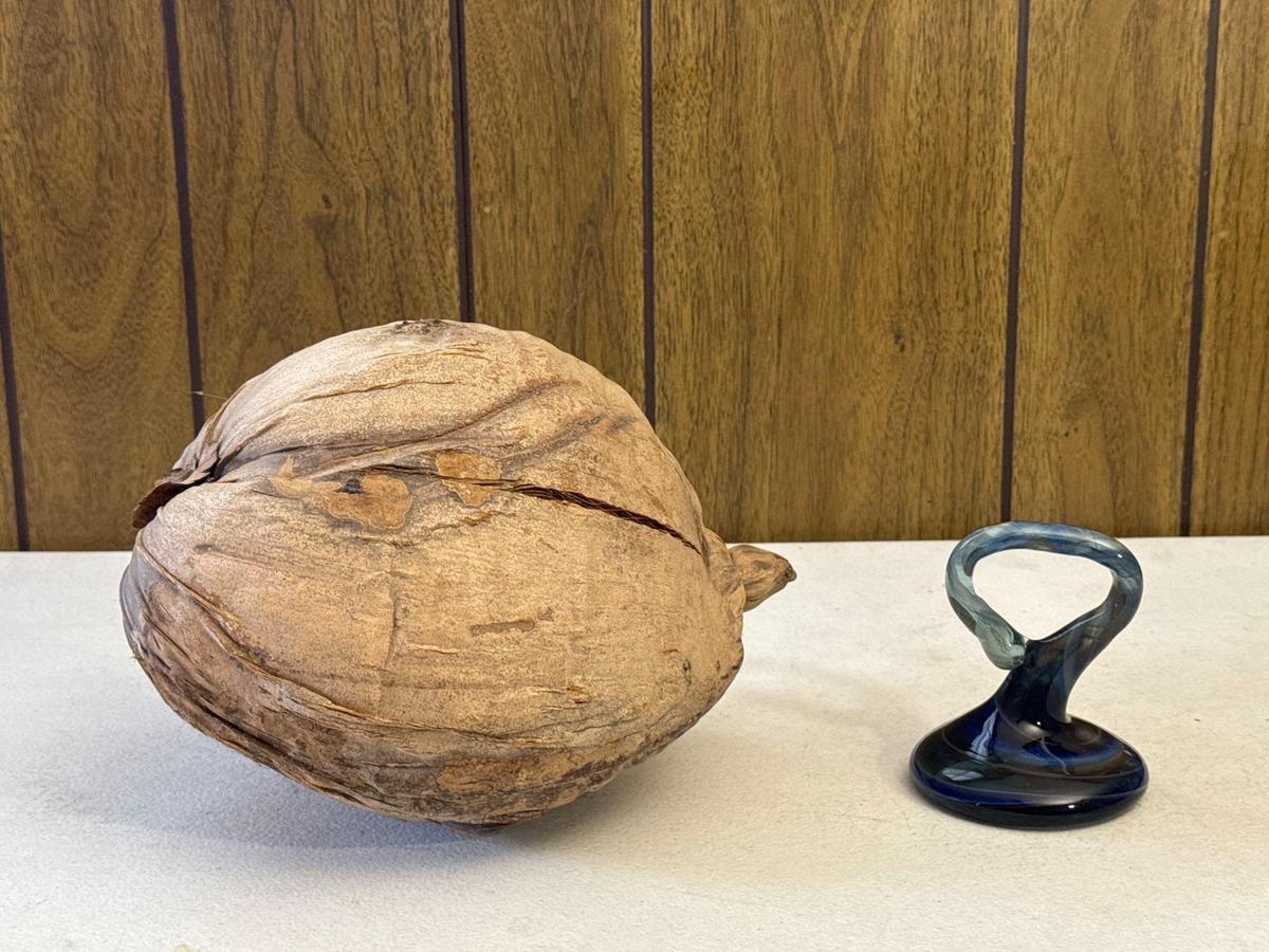 Vintage Hand Blown Glass Paper Weight & Coconut